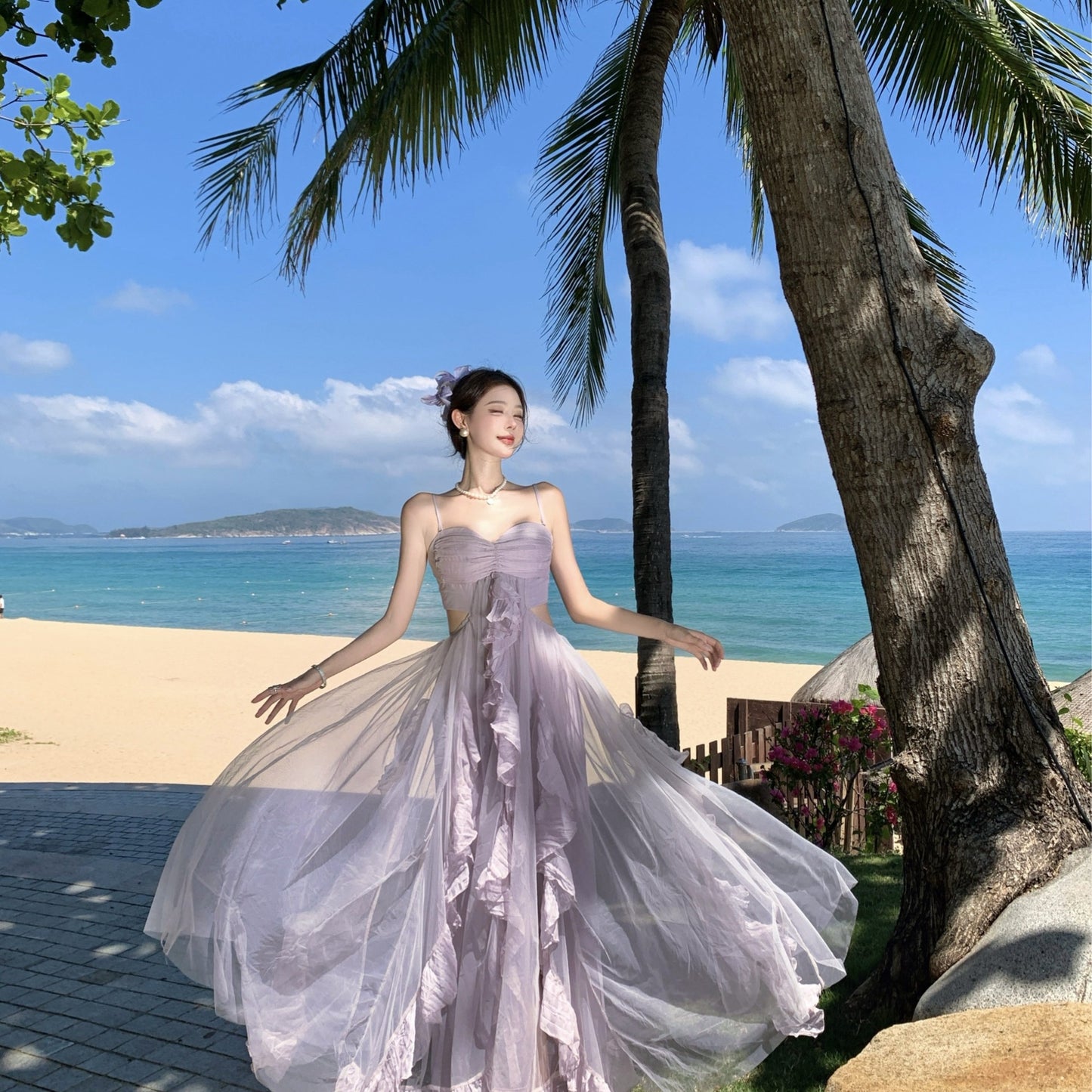 Purple Mesh Strapless Maxi Dress With A Flared Hem