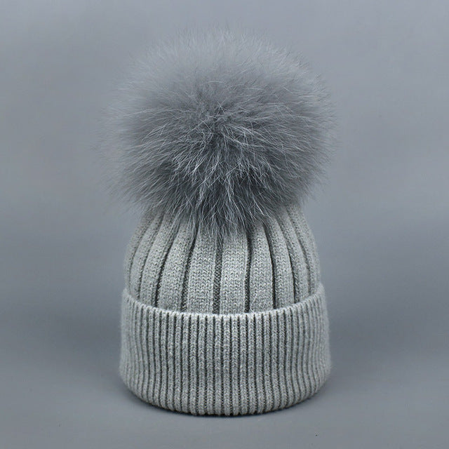 Fox Fur Warm Winter Hat With Ball For Women Child Girl Wool Thick Knitted