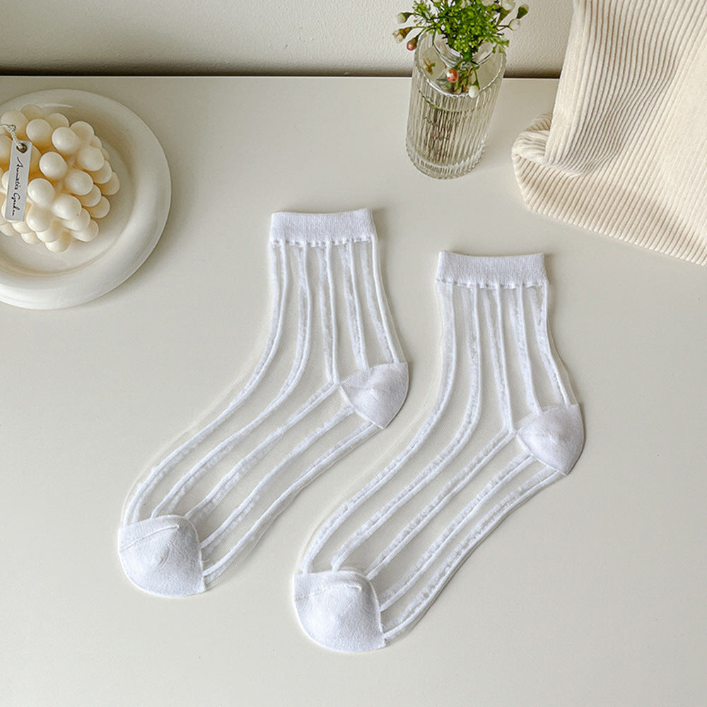 Spun Glass Crystal Tube Socks Women's Summer Thin Black Polka Dot Breathable Mesh