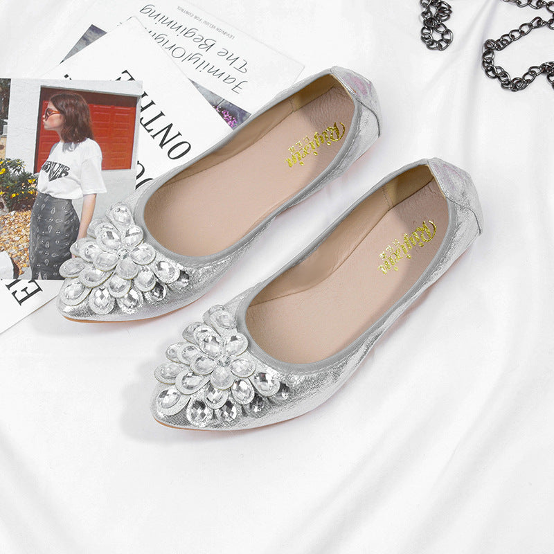 Soft Bottom Pointed Toe Flat Bottom Rhinestone Pumps Women
