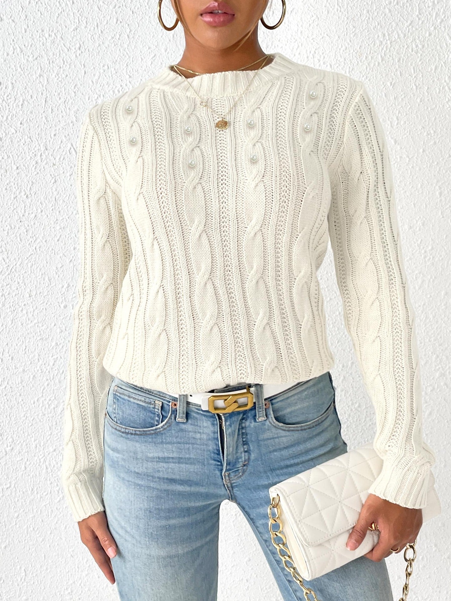 Women's Simple Pearl Beaded Sweater