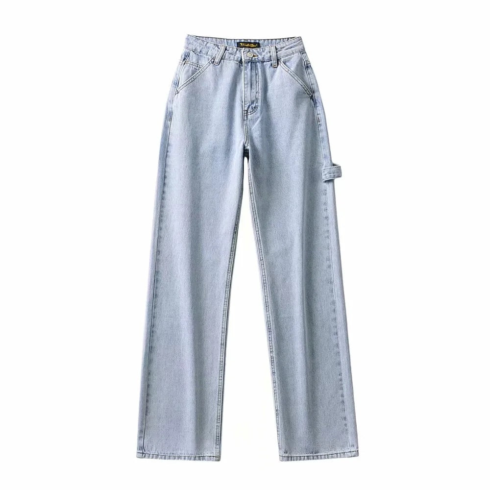 High Waist Slim Wide Leg Jeans Retro Tooling Fashion Stitching Long