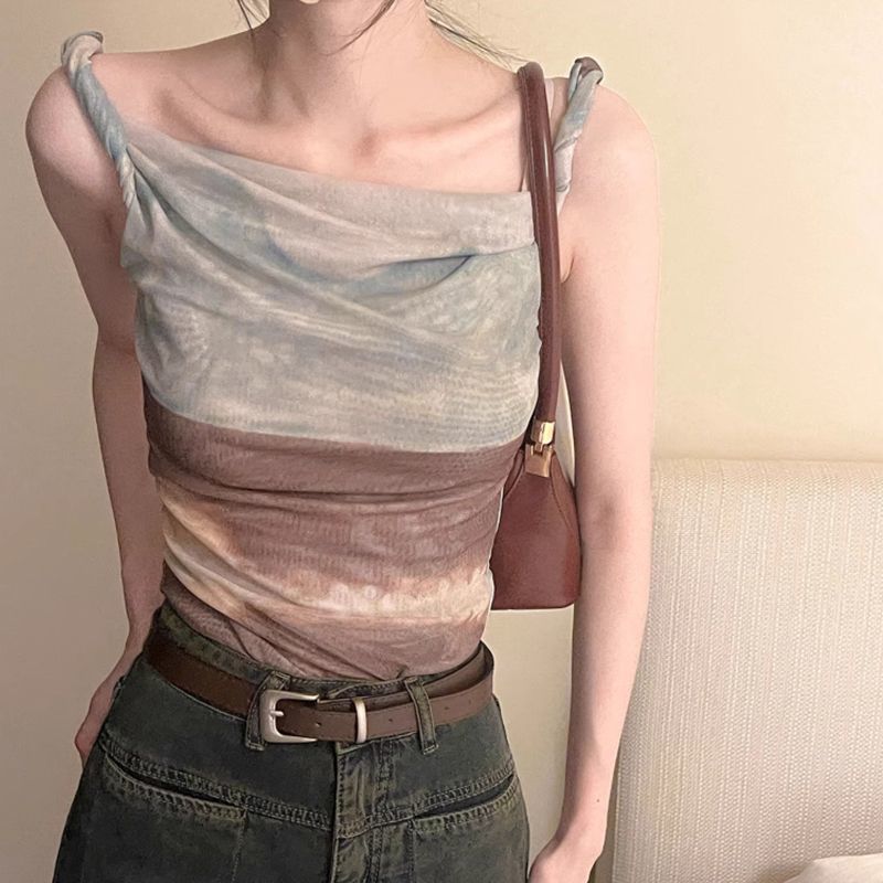 Blooming Abstract Oil Painting Mesh Irregular Spaghetti-strap Vest