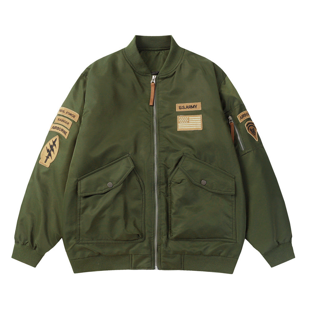 Baseball Uniform Badge Embroidery Sports Loose Casual Zip Coat