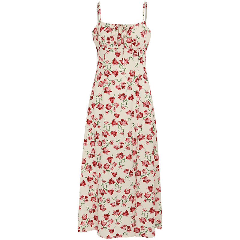 French Vintage Floral Strap Split Dress