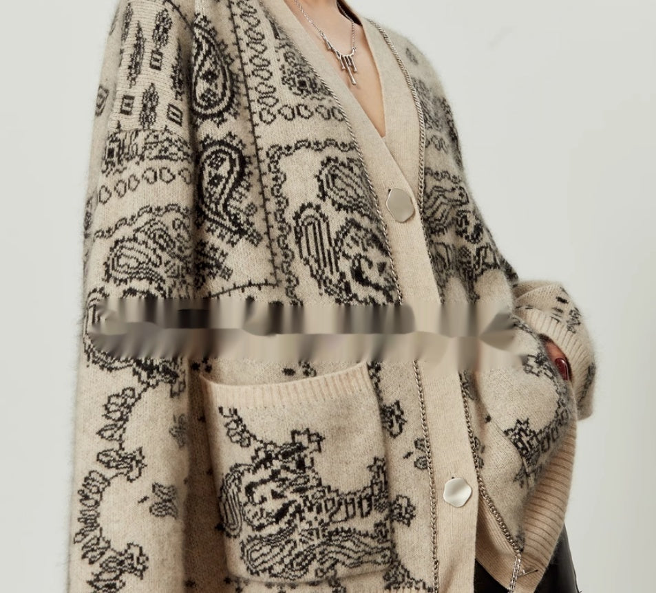 Loose V-neck Jacquard Lazy Sweater Cardigan