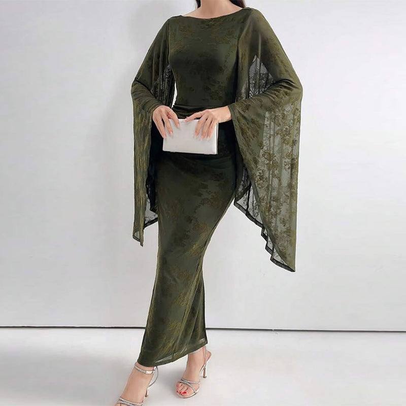 Womens Fashionable Fitted Waist Mesh Printed Dress