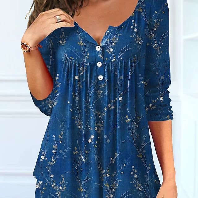 Beauty Summer Loose V-neck Pullover Short Sleeve Button Printed T-shirt