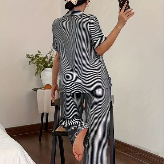 Womens Comfortable Striped Short-Sleeve Top And Pants Pajama Set