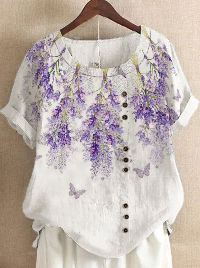 Retro Cotton And Linen Printed Loose Casual Shirt Short-sleeved T-shirt For Women