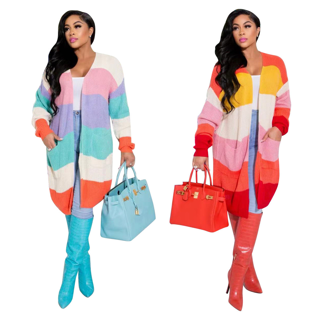 Multi-color Mosaic Knitted Long-sleeved Jacket
