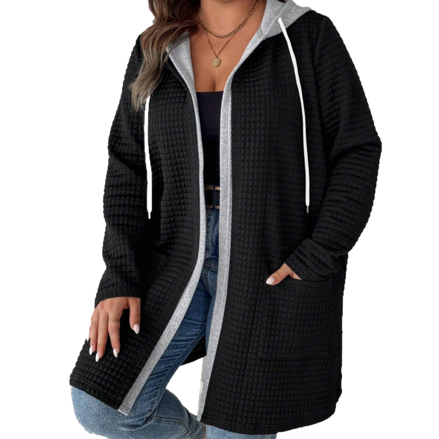 Women's Hooded Pocket Cardigan Jacket Without Buckle