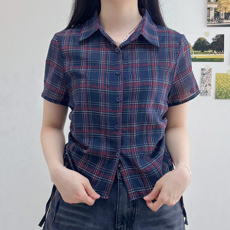 Retro Elegant Hem Pleating Short Sleeve Plaid Shirt