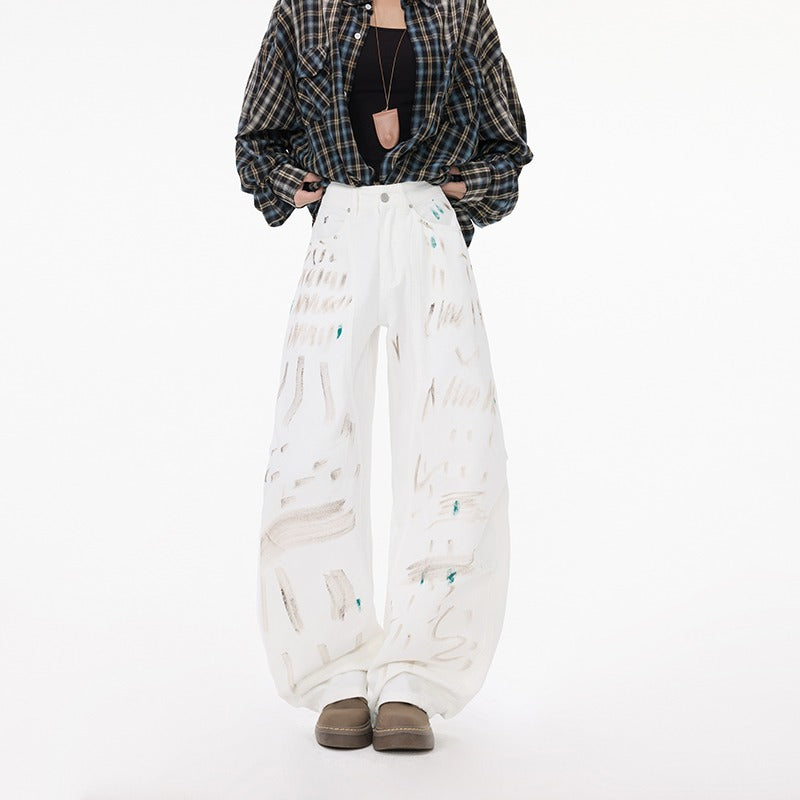 White Dirty Graffiti Machete Jeans For Women
