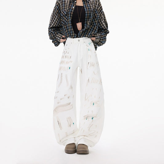 White Dirty Graffiti Machete Jeans For Women