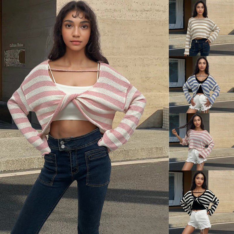 Front And Back Wearable Striped Long-sleeved Sweater
