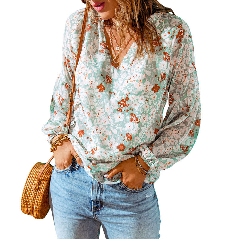 Dames Floral Chiffon Skjorte Løs V-hals Casual Top