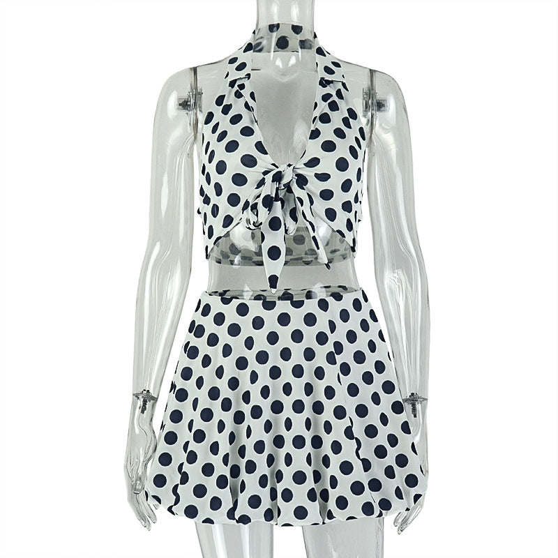 Women's Fashionable Polka Dot Printed Top And Skirt Set