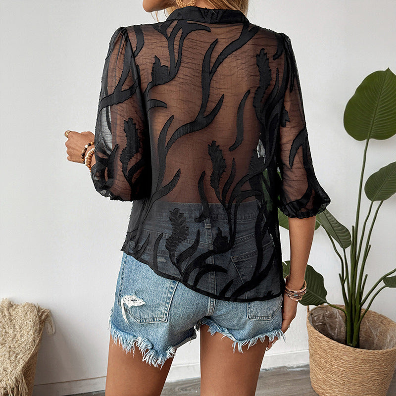 Solid-color Jacquard Pullover Shirt With A Lace-panel Stand-up Collar