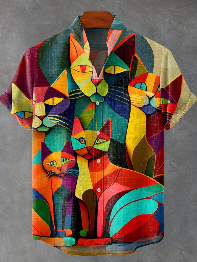 Pattern 3D Digital Printing Loose Trendy Short Sleeve Stand Collar Cardigan Shirt
