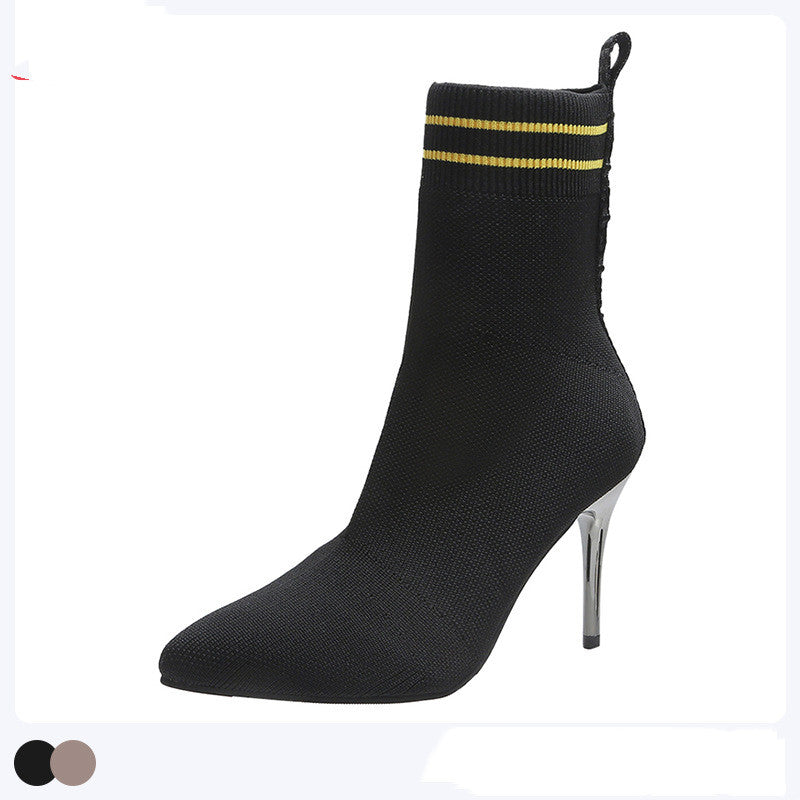 Women's Fashion Pointed Toe Stiletto Flying Knitted Ankle Boots