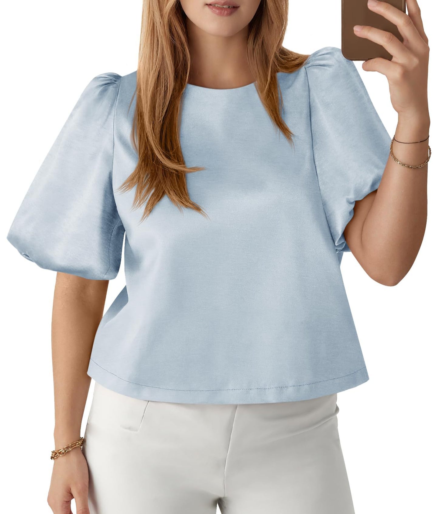 Womens Round-neck Satin Puffed-sleeve Pullover Doll Shirt Top