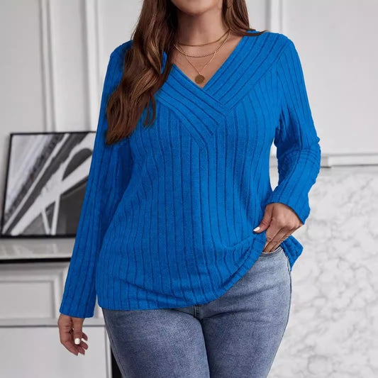 Efterår Og Vinter Ensfarvet Plus-size Krydset V-hals Langærmet Ribstrikket Børstet Pullover T-shirt Top