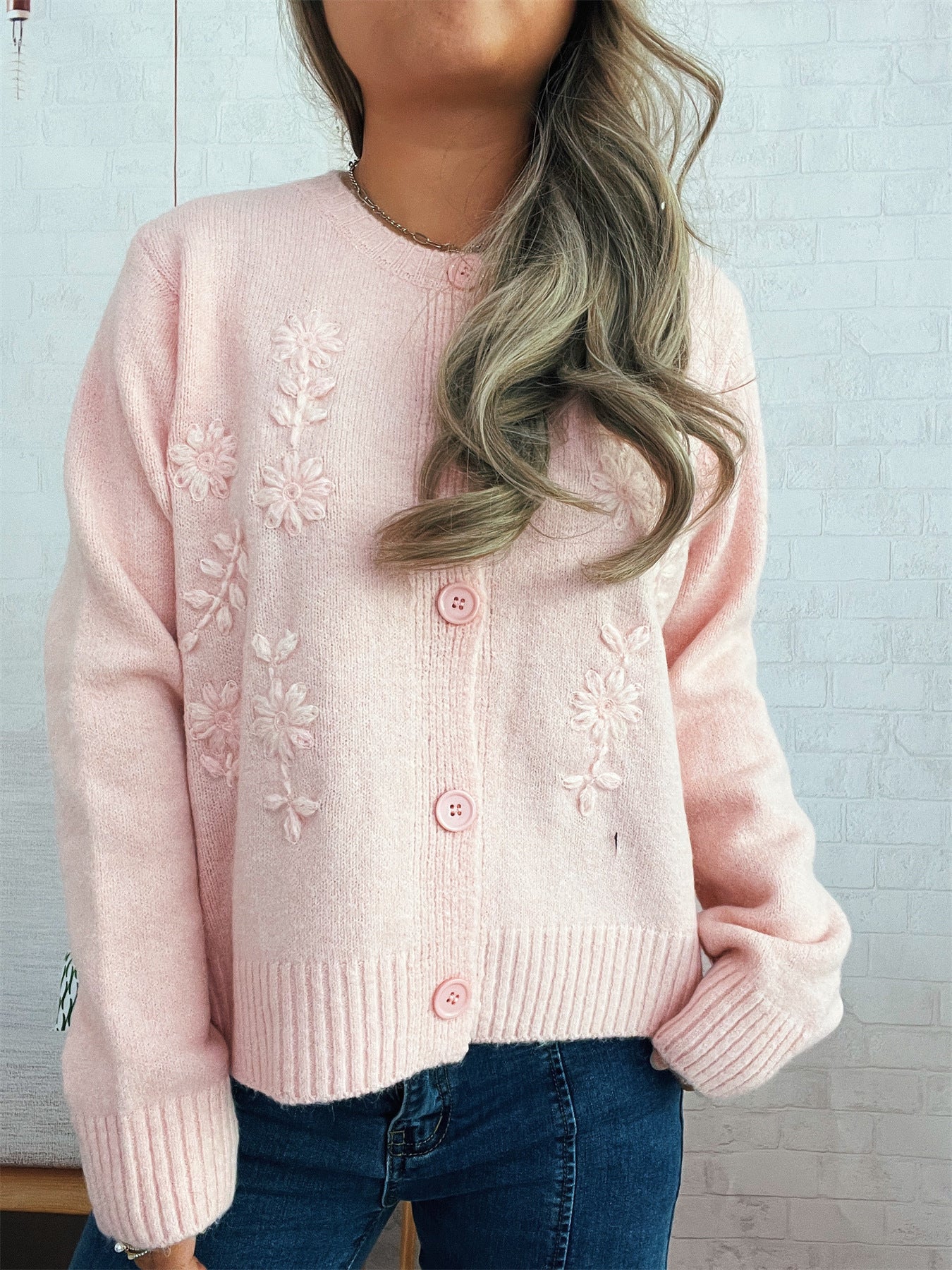 Simple Casual Flower Cardigan Round Neck Long Sleeve Sweater
