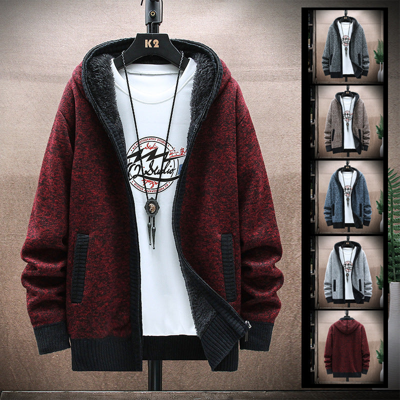 New Men's Hooded Plus Fleece Sweater Coat Youth Casual Solid Color Cardigan Knitted Sweater