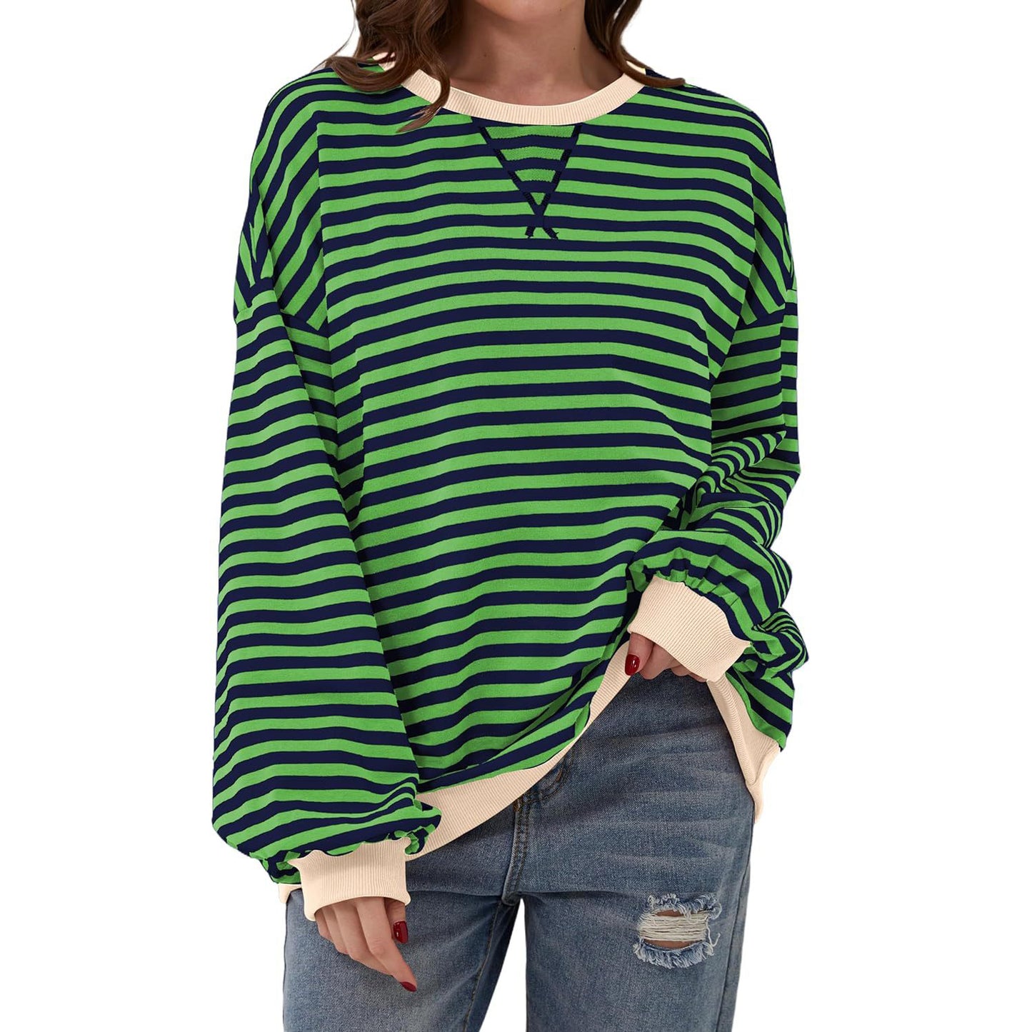 Løs stribet langærmet T-shirt afslappet pullover sweater til dametøj