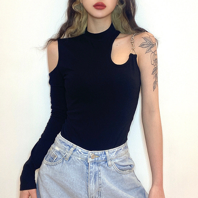 Asymmetric Half Sleeve Crew Neck Slim Bodysuit Solid Color Top