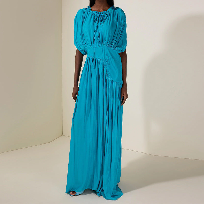 Round-neck Fitted-waist Pleated Patchwork Maxi Dress
