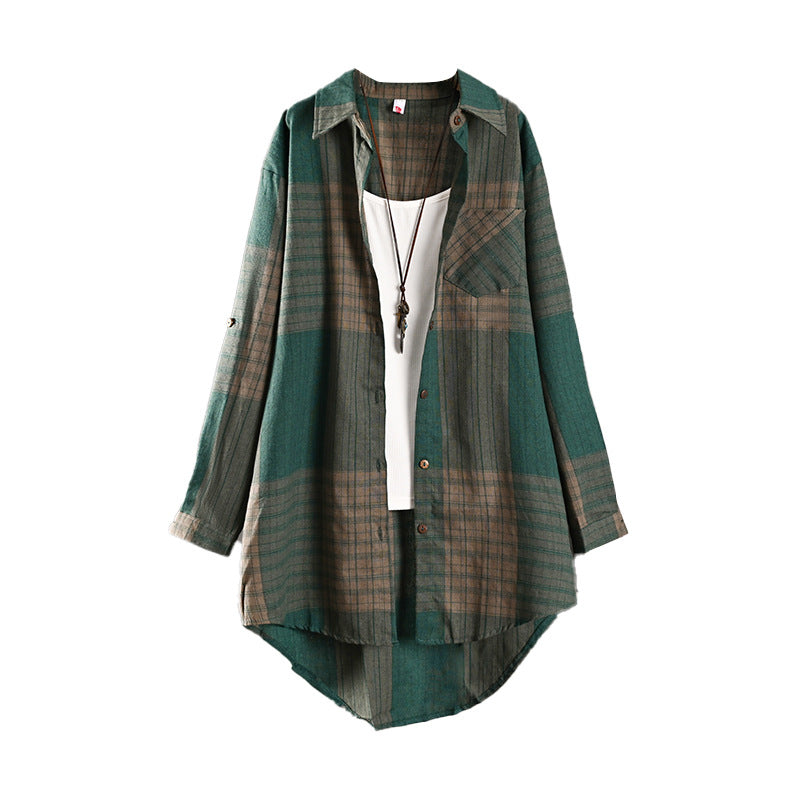 New Cotton-linen Top Retro Springfall Plaid Shirt