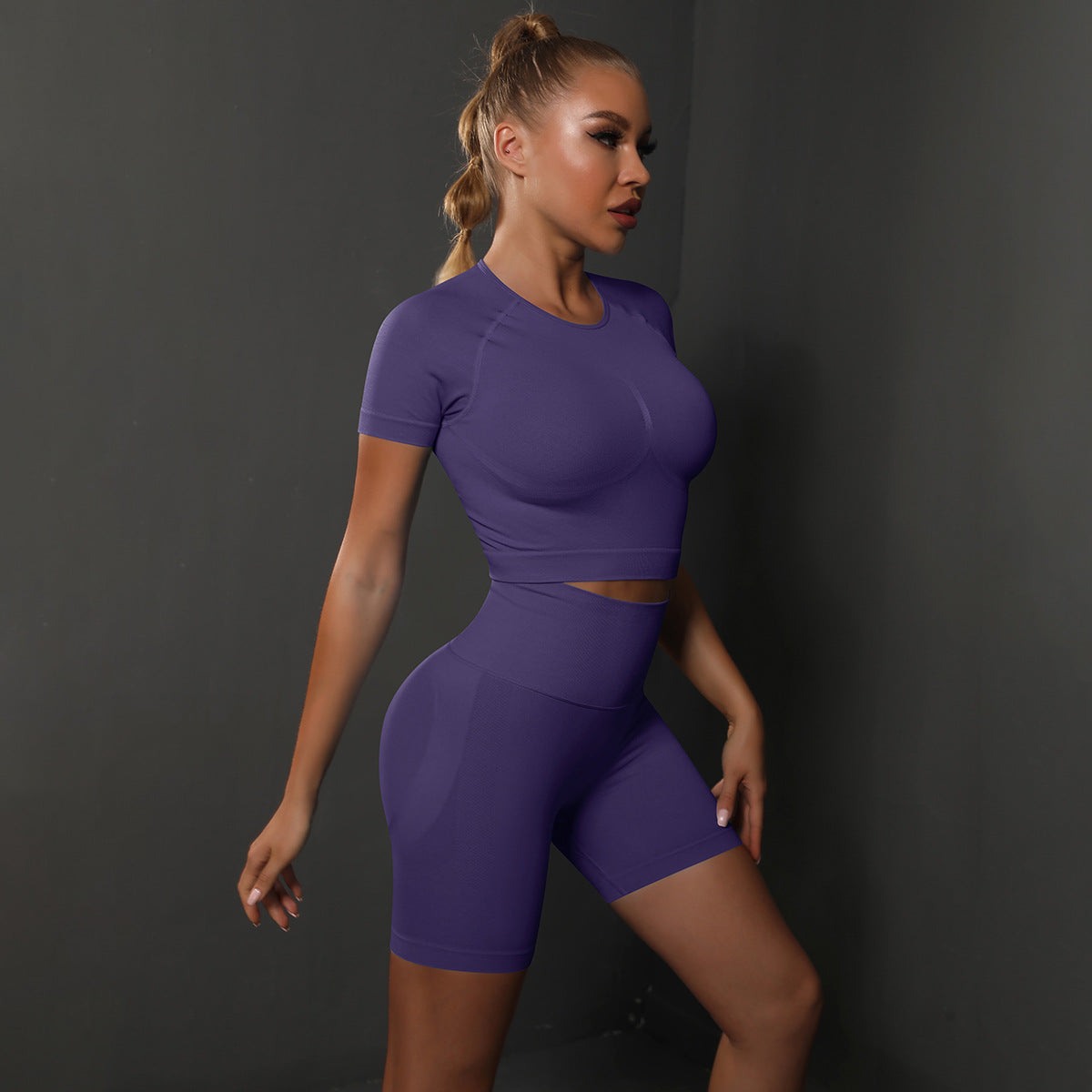 Summer New Seamless Solid Color High-Elastic Yoga Short-Sleeve Shorts Set