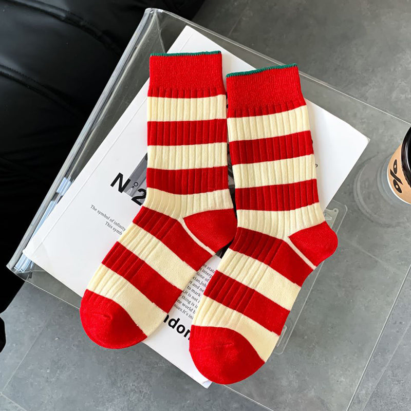 Socks Women's Red, Blue And Green Three-color Striped Trendy
