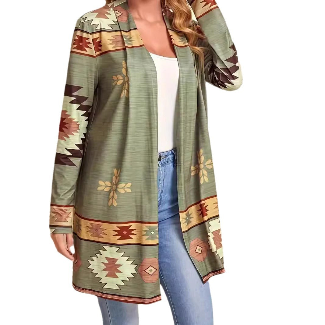 Women's Jacket Loose Printed Ethnic Style Knitted Cardigan
