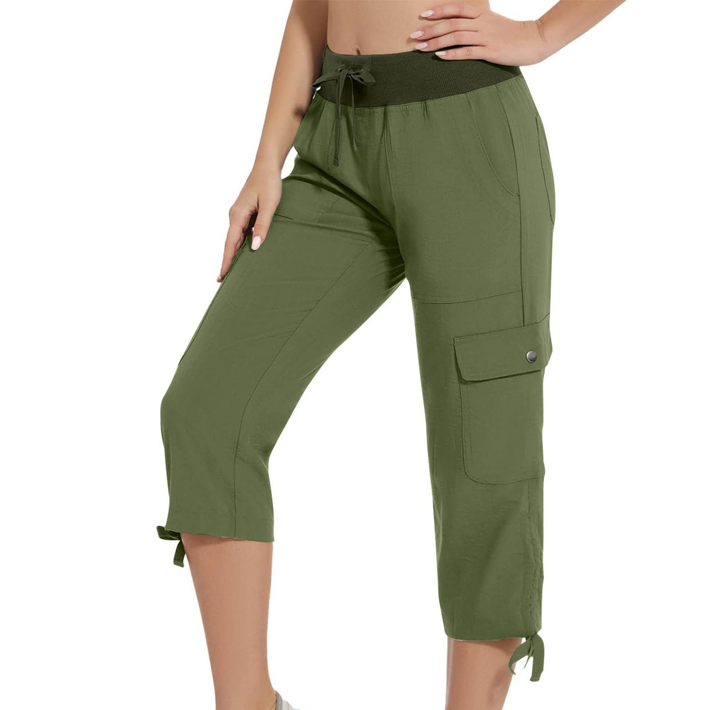 Womens Workwear Cropped Pants With Pockets And Elastic Waistband Stylish And Casual