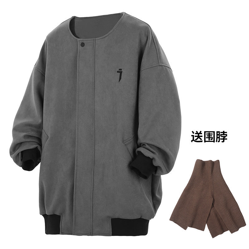 Suede Round Neck Cardigan Coat Men's Baggy Casual Jacket Free Scarf