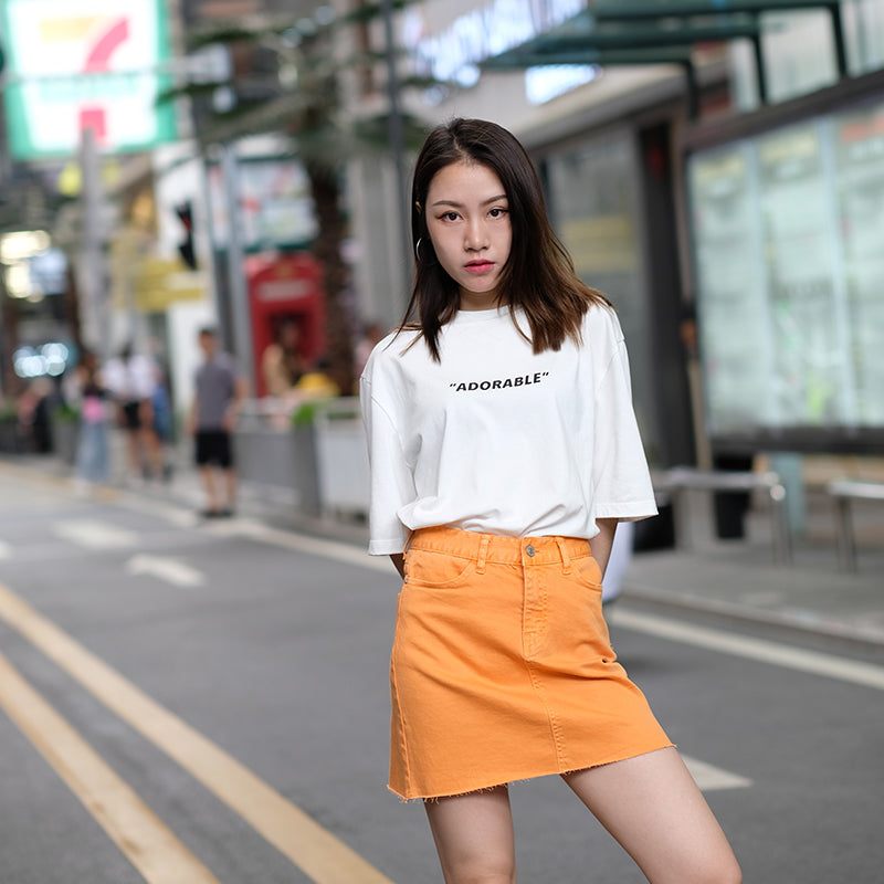 Women's Bag Buttock Candy Orange Fur Edge Thin Retro High Waist Denim Skirt