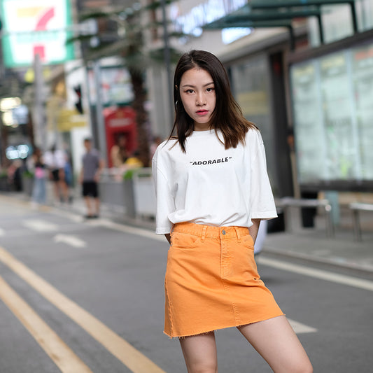 Women's Bag Buttock Candy Orange Fur Edge Thin Retro High Waist Denim Skirt