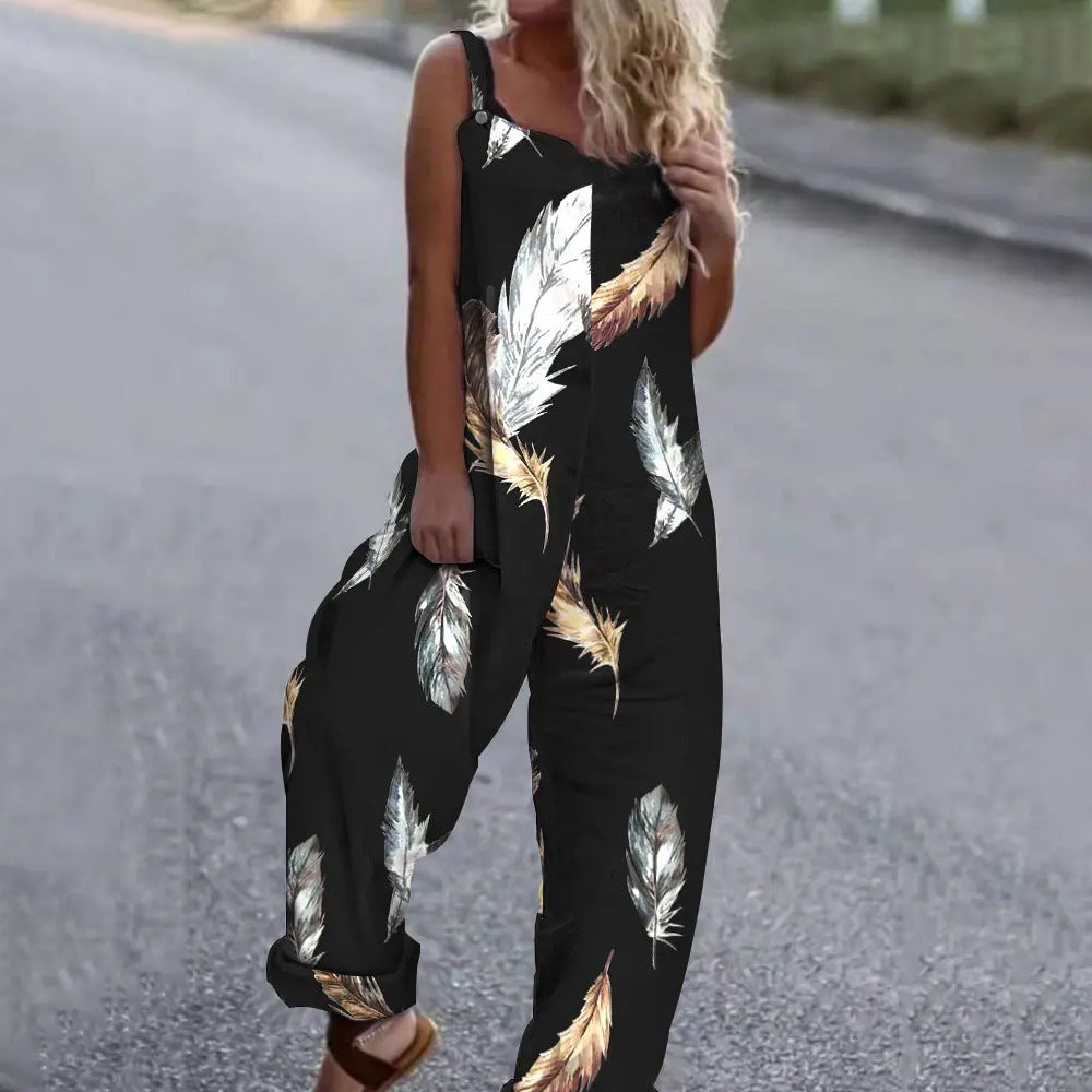 Women's Printed Sleeveless Sling Loose Casual Jumpsuit