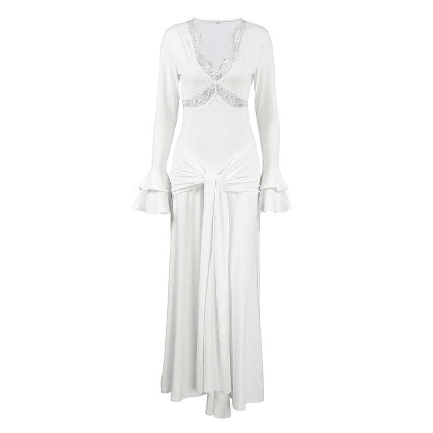 Womens Stylish V-neck Patchwork Hollow-out White Dress