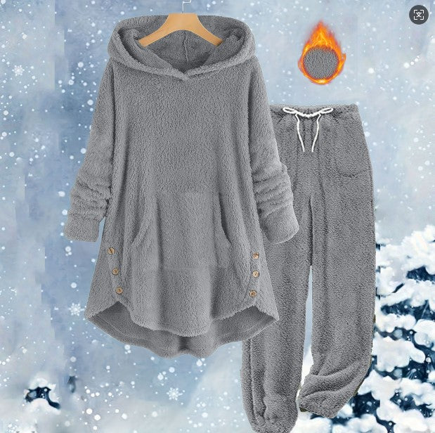 New AutumnWinter European And American-style Casual Womens Solid-color Plush Hooded Long-sleeve Pants