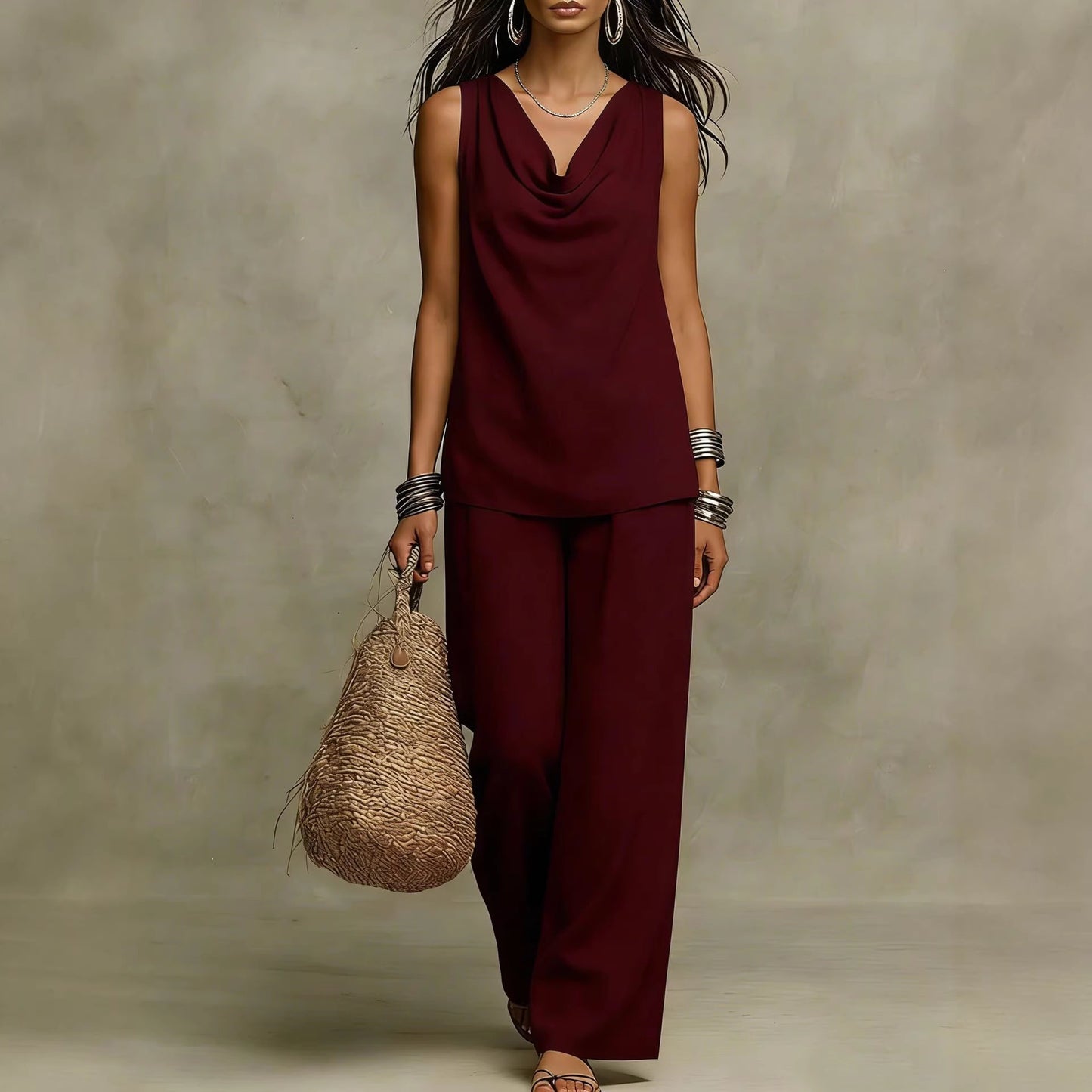 Womens Slash-Neck Sleeveless Tank Top And Casual Pants Set