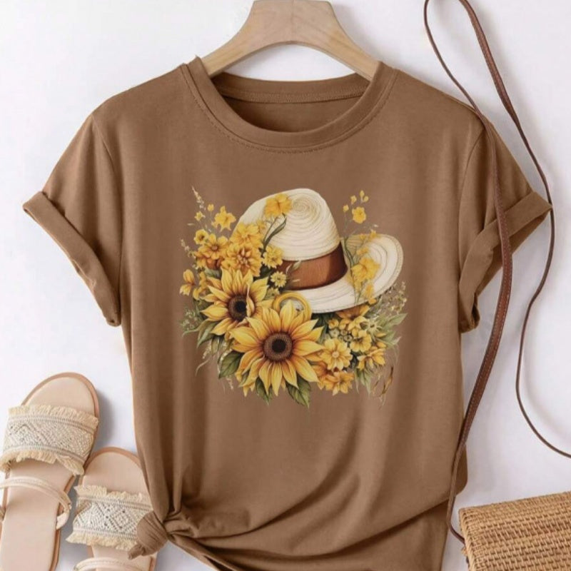 Womens Loose-Fit Crew-Neck T-Shirt With A Pure Cotton Sunflower Straw Hat Design