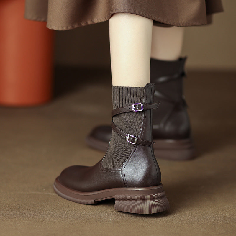 Thick Bottom Chunky Heel Real Soft Leather Round Toe Retro Socks Boots For Women