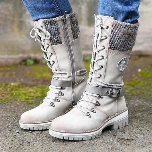 Round-toe Square-heel Leather-buckle Knit-mesh Dr Martens-style Boots