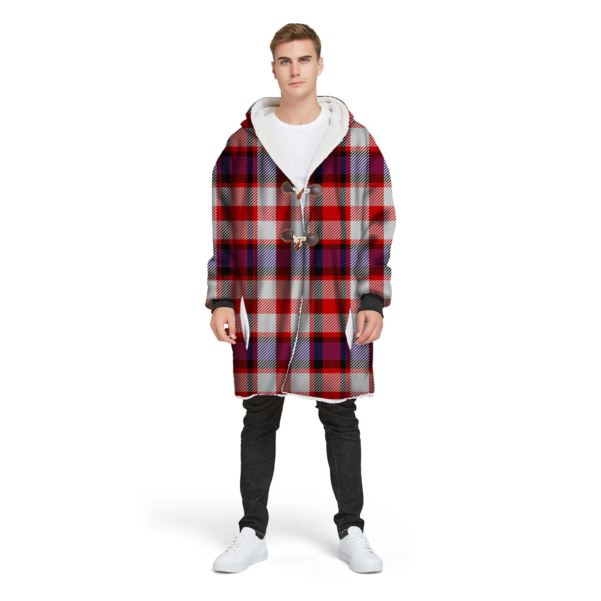 Fashion Plaid Men's Digital Printed Long Hooded Jacket