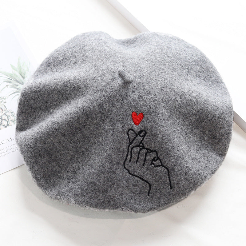 Stitched Ins Style Wool Knit Beret Women's Embroidered Hat