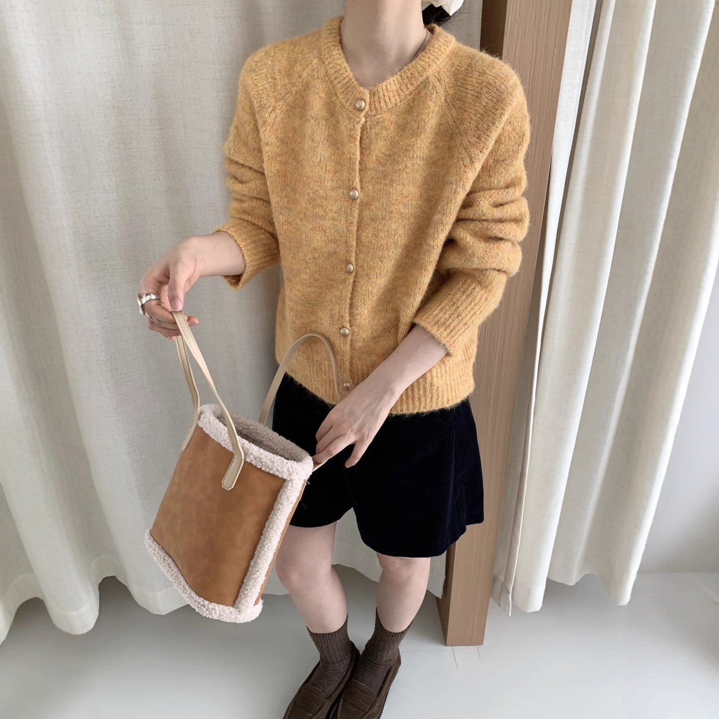 Metal Buckle Round Neck Knitted Cardigan Loose Casual